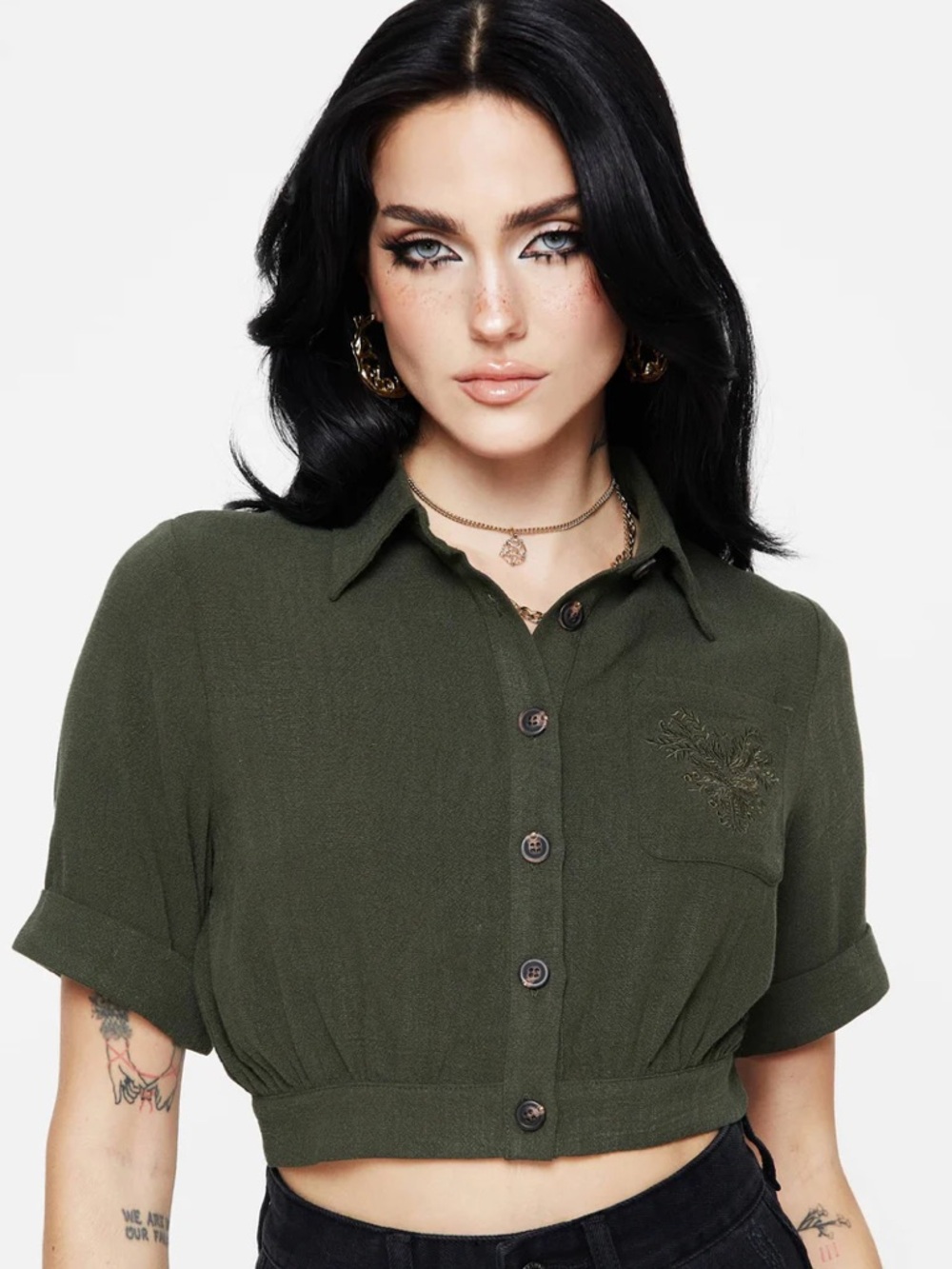 Disturbia Foliate Linen-Blend Embroidered Short Sleeve Crop Shirt